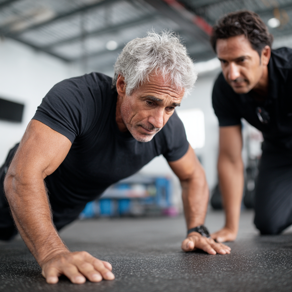 Чоловік 58 років займається з персональним тренером в залі, виконує функціональні вправи